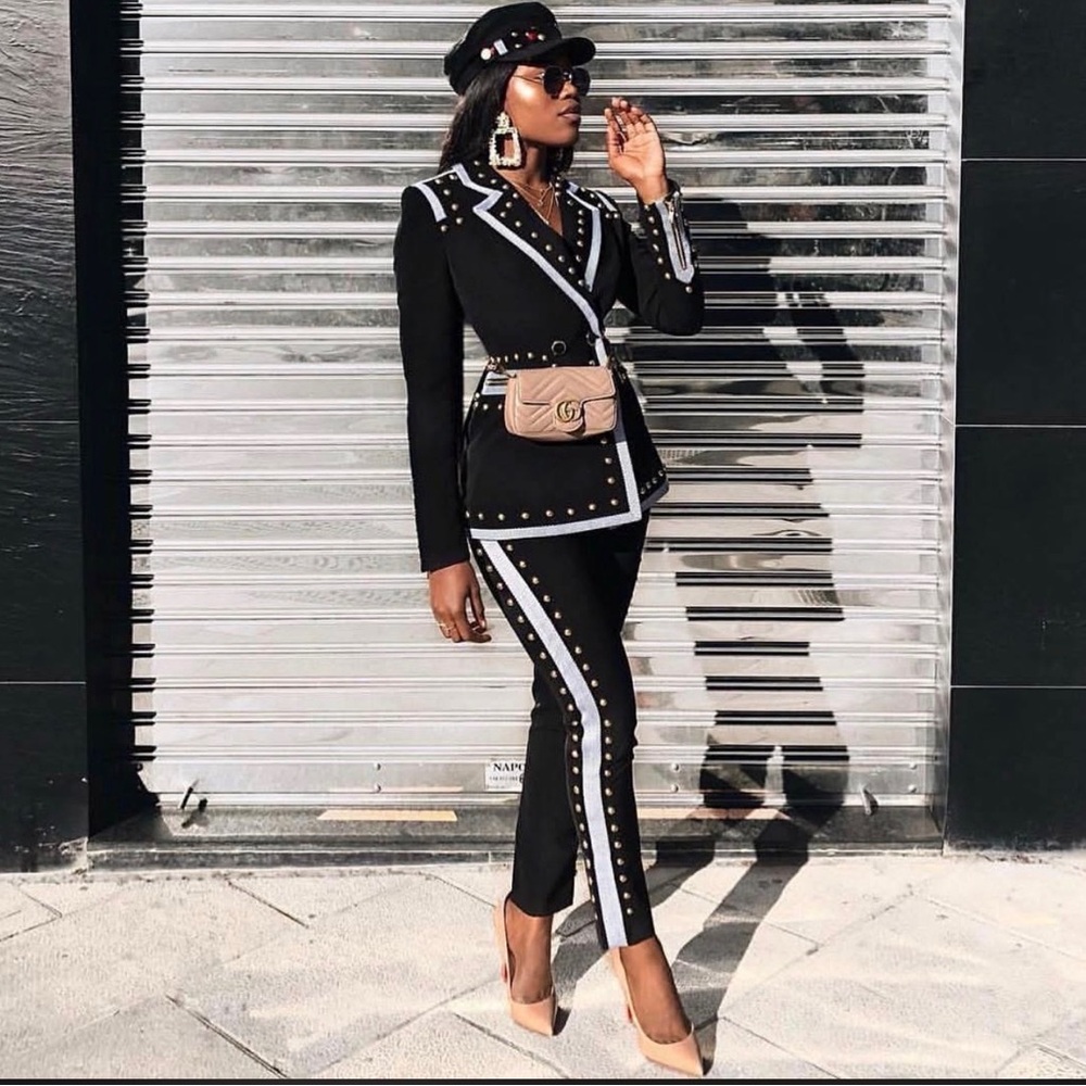 Stylish Black Gold Beaded Accent Trim Pantsuit - Women